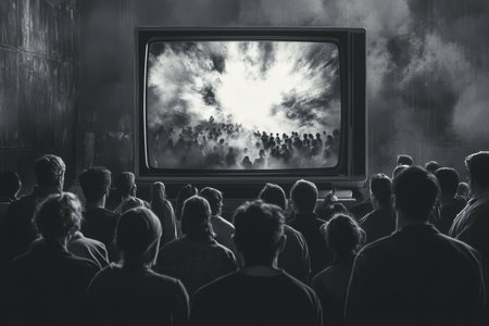 Crowd gathers around an old television set watching surreal black and white news on justiceの写真素材