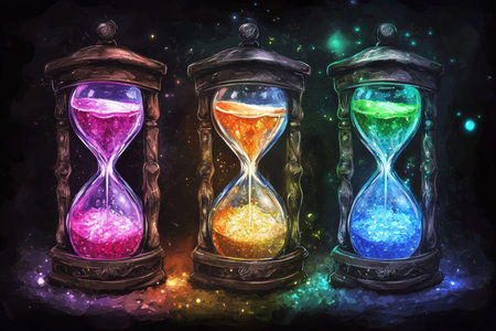 Hyper realistic sticker design of crystal hourglasses with glowing sand in dark fantasy style