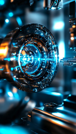 Futuristic quantum motor with blue lasers and dynamic mechanics in an industrial lab setting