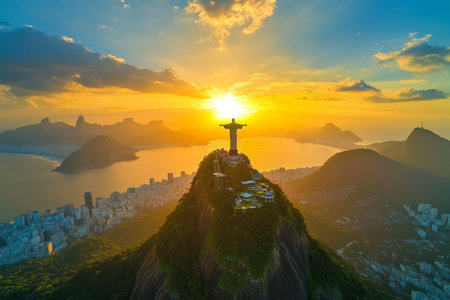 Stunning aerial view of christ the redeemer at sunset over rio de janeiro s scenic bay and cityscapeの写真素材
