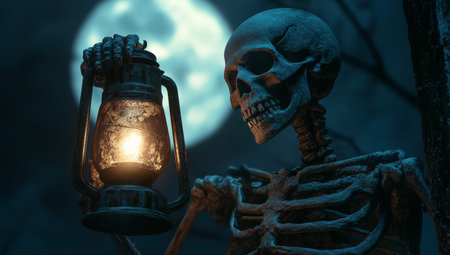 A spooky skeleton gripping an antique lantern under a full moon with stunning cinematic lightingの写真素材
