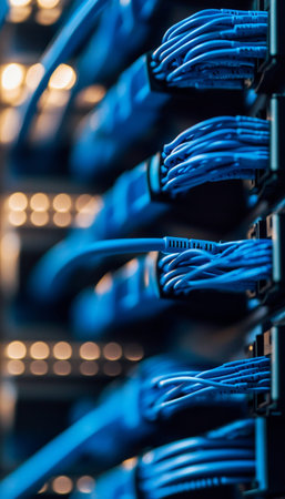 Close up of blue network cables connected to a switch in a data center with blurred background