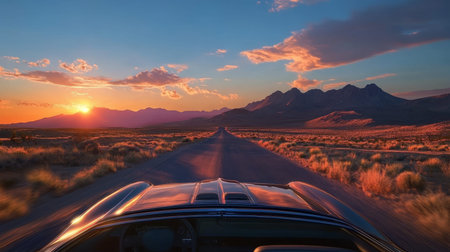 Stunning desert road view from an open car roof at golden hour with mountains and sunset backdrop