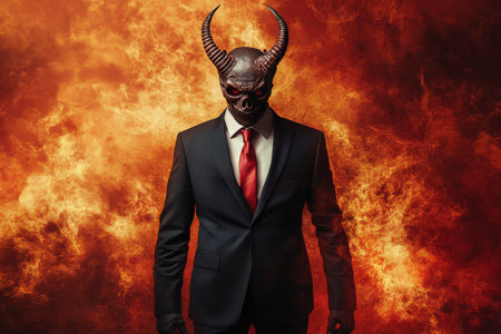 Mysterious portrait of a sinister figure in a suit with horns and a skull face amidst flamesの写真素材
