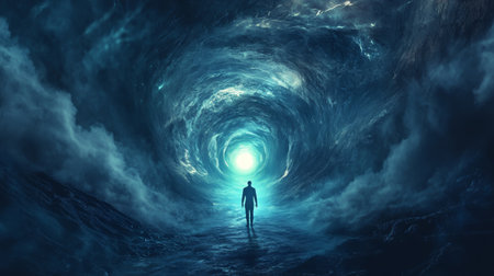 A man illuminates an endless tunnel, surrounded by dark blue fog and an ethereal light aheadの写真素材