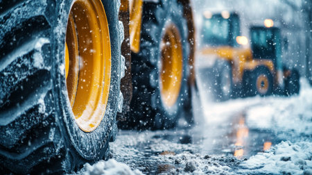 Close up of heavy machinery wheels in motion clearing snowy streets after a winter blizzardの写真素材