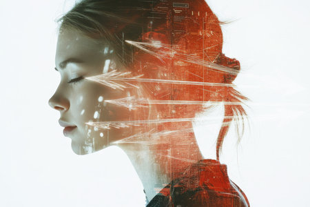 Double exposure of a woman s portrait with digital arrows representing business technology and aiの素材
