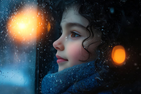 Young girl with curly hair gazes out window on rainy winter night, backlit by orange sunset glowの素材