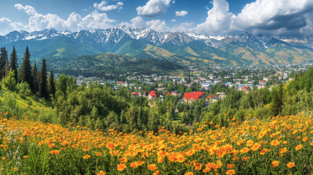 Stunning panoramic view of Almaty mountains in summer with vibrant forest and scenic village housesの写真素材