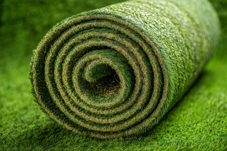 Close up of artificial grass carpet roll on a green background for landscape design inspirationの写真素材