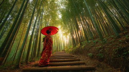 A Japanese woman in kimono with red umbrella walking through a vibrant bamboo forest at golden hourの写真素材