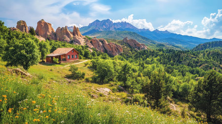Breathtaking summer view of kazakh mountains with forest, flowers, and a red house under blue skyの写真素材