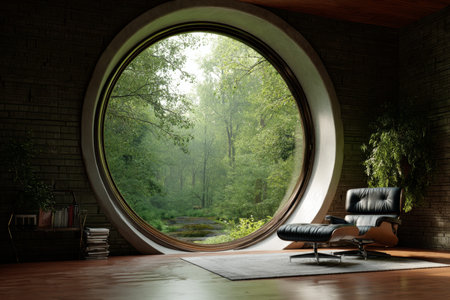 A serene round window framing a lush green forest with minimalistic interior and soft daylight