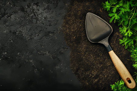 Flat lay of a trowel on soil with lush grass minimalist gardening concept for text spaceの写真素材