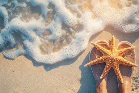 Summer vibes a top view of starfish and flip flops on the beach with a bright blurred backgroundの写真素材