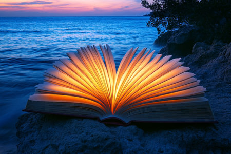 Heart shaped open book with warm sunset light overlooking the sea a romantic love conceptの写真素材
