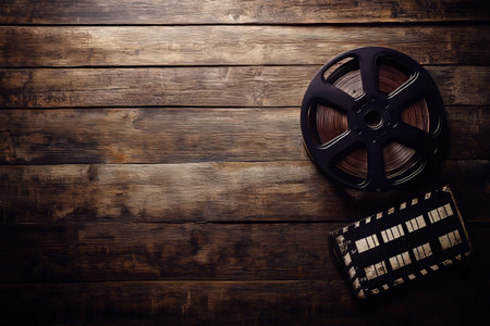 Vintage movie clapperboard and film reel on wooden background retro film production conceptの写真素材