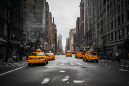 Striking black and white new york streets featuring vibrant yellow cabs in selective coloring style