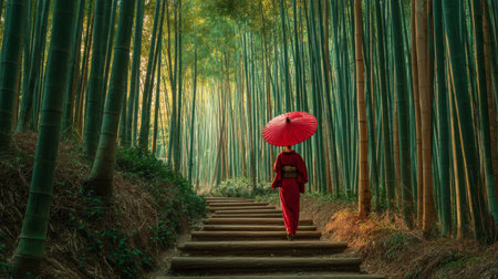 A japanese woman in kimono with red umbrella strolling through a lush bamboo forest at golden hourの写真素材