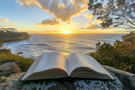Sunset illumination on pages of an open book with scenic seascape backgroundの写真素材