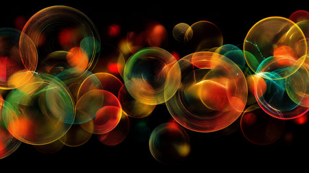 Vibrant digital art of swirling lights on black background evoking joy and creativityの写真素材