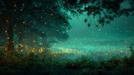 Enchanting forest at night glowing fireflies and mystical landscape with vibrant colorsの写真素材