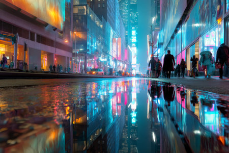 Futuristic city street at night reflections on wet pavement amid neon lights and skyscrapers