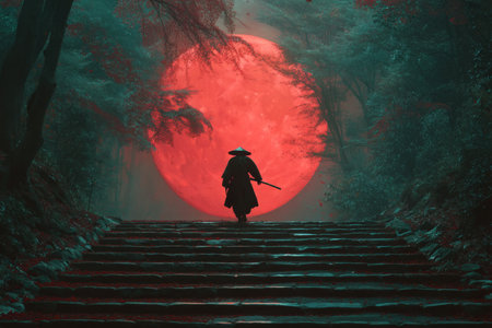 Samurai walking up forest stairs with a sword, illuminated by a striking red moon in concept artの写真素材
