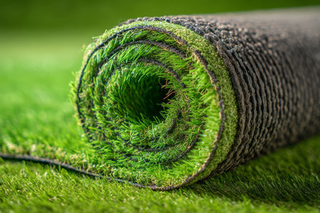 Close up view of artificial grass roll on vibrant green lawn for landscaping inspirationの写真素材