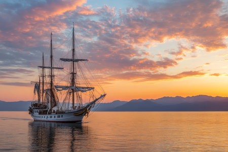 Sailboat gliding across the sea at sunset under a stunning sky filled with cloudsの写真素材