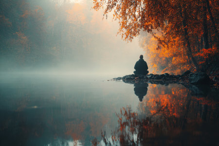 Serene meditation by an autumn lake surrounded by misty trees and reflective calm watersの写真素材