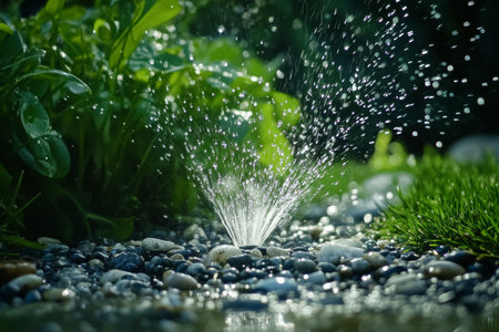 Sprinkler watering lush grass in front yard with pebble and gravel landscape design detailの写真素材