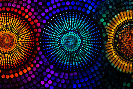 Vibrant background featuring three circular patterns of glowing lights on a black canvas for visualsの写真素材