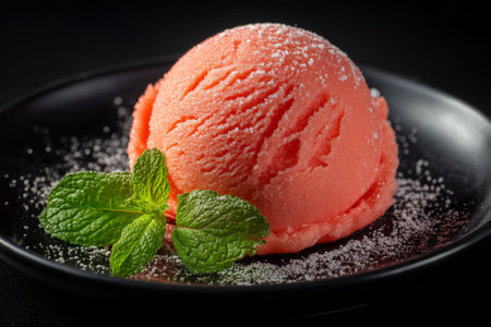 A delicious scoop of watermelon ice cream on a black plate garnished with mint and sugar dustingの写真素材