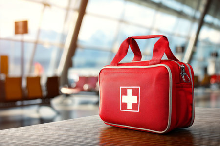 Close up of a red first aid kit with white cross on a table in a blurred airport hall backgroundの写真素材