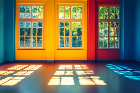 Vibrant room with colorful windows a bright space bathed in sunlight and clean linesの写真素材