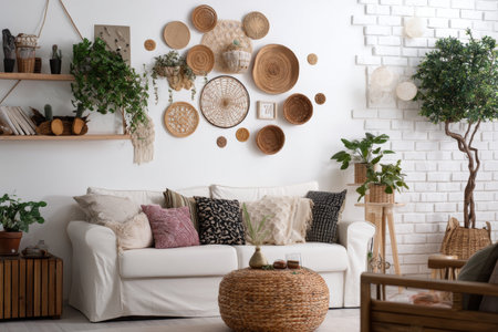 Stylish bohemian wall decor featuring woven baskets and plants in a bright living room settingの写真素材
