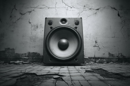 High contrast black and white banner featuring a subwoofer on a cracked wall backgroundの写真素材
