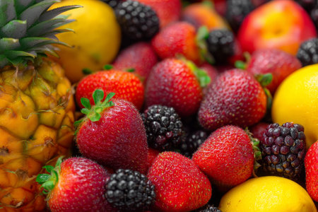 Vibrant close up of fresh tropical fruits a colorful mix of pineapple, blackberry, mango, and more