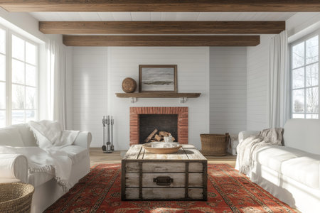 Charming white farmhouse living room with rustic beams, vintage decor, and cozy atmosphereの写真素材