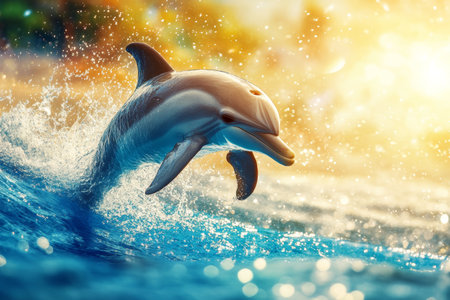 Dolphin leaping from ocean waves under sunlight, capturing joyful energy and vibrant colorsの写真素材