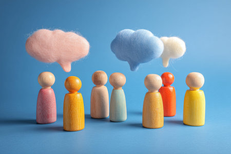 Colorful wooden figurines in conversation with wool speech bubbles on a blue background