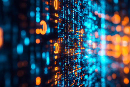 Cinematic shot of digital data flow with bokeh lights illustrating advanced technology concepts