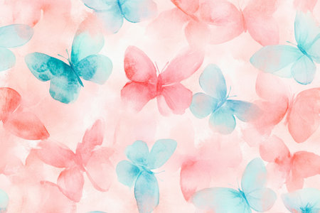 Seamless watercolor butterfly pattern in soft pink and light blue on white backgroundの写真素材