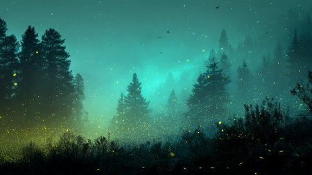 Enchanted forest with glowing fireflies and fantasy landscape under a mystical night skyの写真素材
