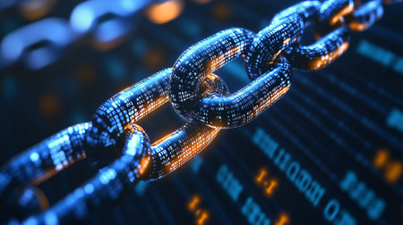 3d render of chain with binary code, symbolizing blockchain and digital transformation concepts