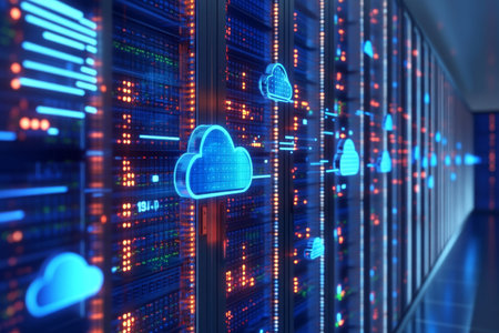 3d abstract cloud computing concept with data center, servers, and virtualized software design