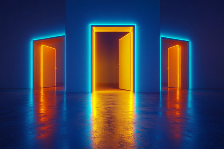 3d visualization of illuminated open doors in a dark room with neon blue and orange lightsの写真素材