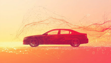 Red car silhouette enveloped by digital particles, symbolizing modern technology and innovation