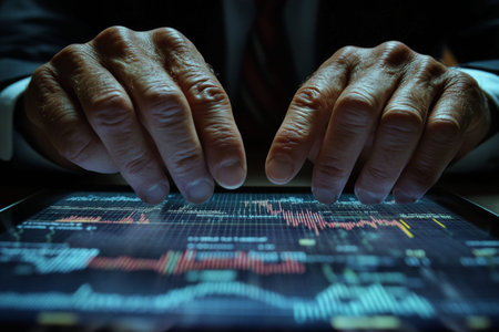 Businessman analyzing stock market trends on tablet surrounded by financial charts and data